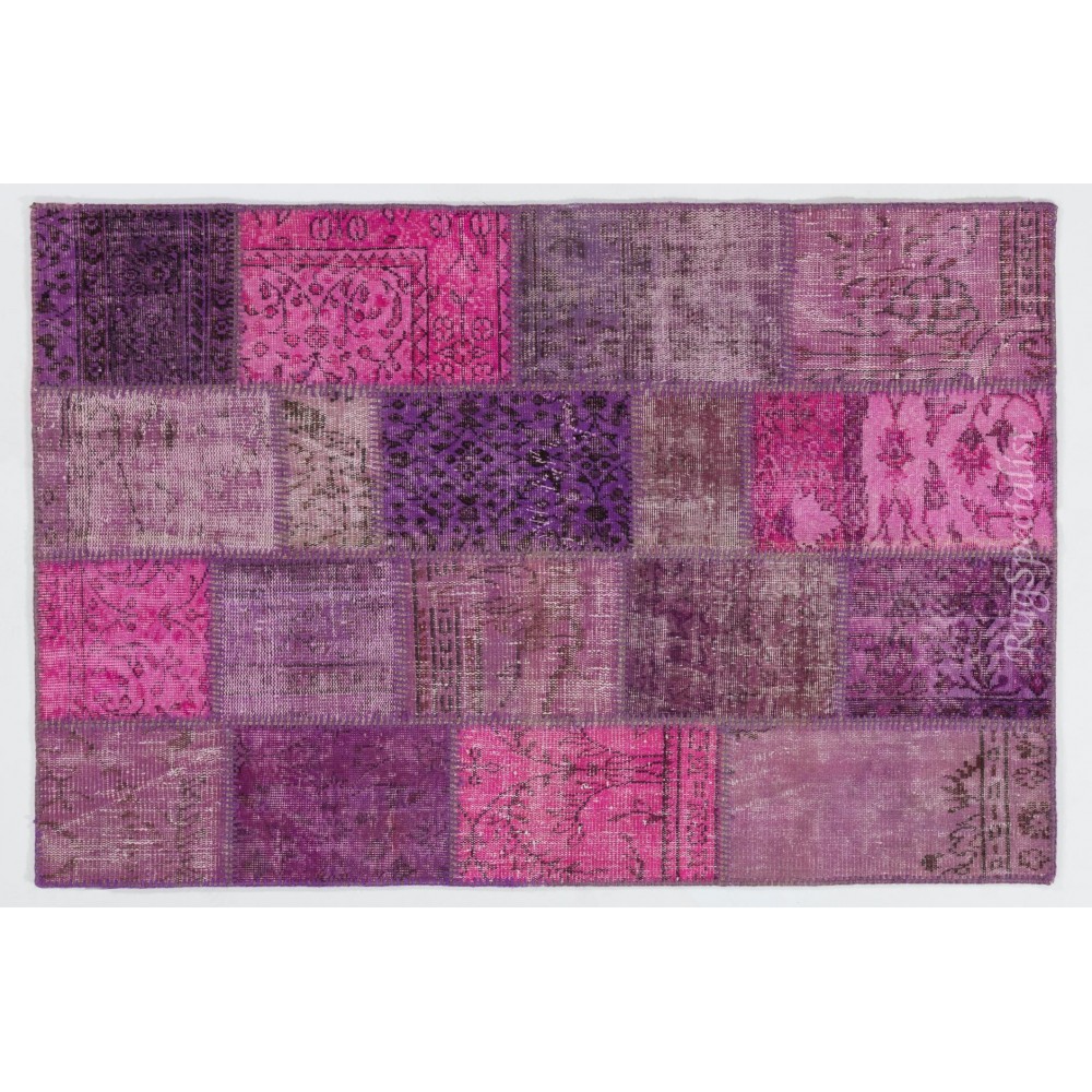 Handmade Patchwork Rug in Pink & Purple Colors. Modern Turkish Carpet, Woolen Floor Covering