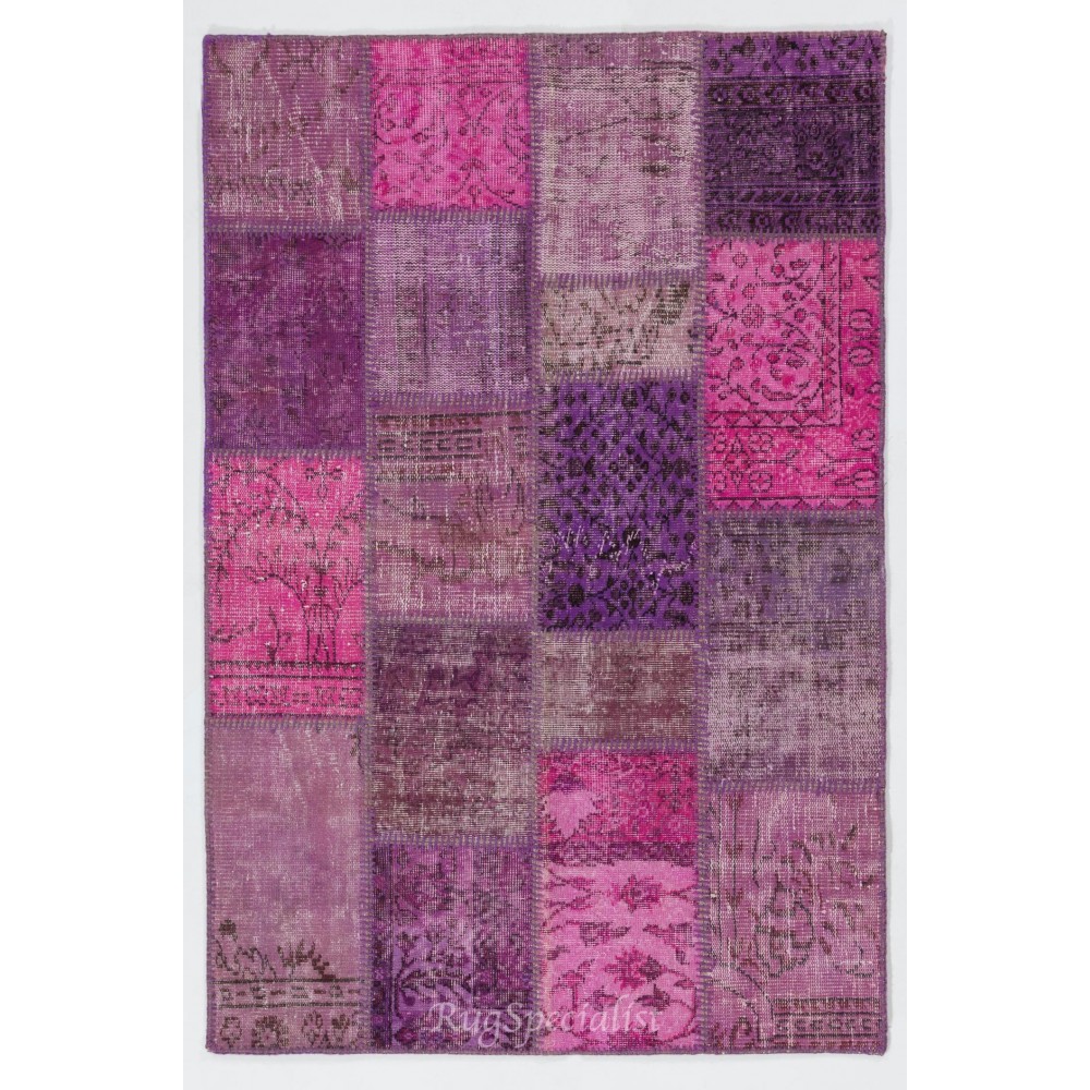 Handmade Patchwork Rug in Pink & Purple Colors. Modern Turkish Carpet, Woolen Floor Covering