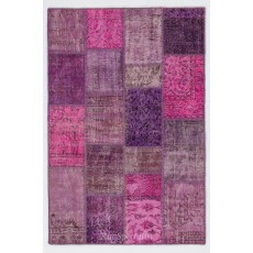 Handmade Patchwork Rug in Pink & Purple Colors. Modern Turkish Carpet, Woolen Floor Covering