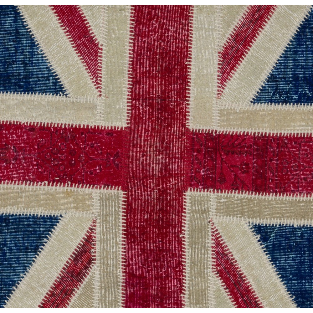 Union Jack British Flag Design Patchwork Rug Made from Re-Dyed Vintage Carpets