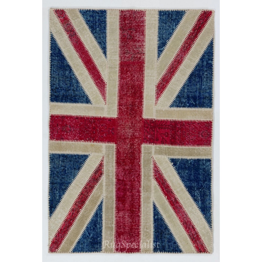 Union Jack British Flag Design Patchwork Rug Made from Re-Dyed Vintage Carpets