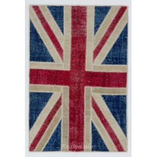 Union Jack British Flag Design Patchwork Rug Made from Re-Dyed Vintage Carpets