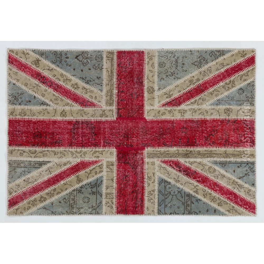 Union Jack British Flag Design Patchwork Rug Made from Re-Dyed Vintage Carpets
