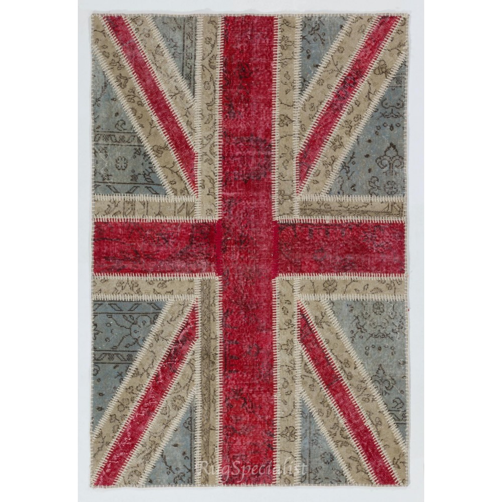 Union Jack British Flag Design Patchwork Rug Made from Re-Dyed Vintage Carpets