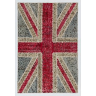 Union Jack British Flag Design Patchwork Rug Made from Re-Dyed Vintage Carpets