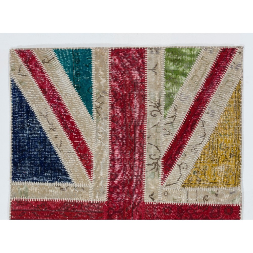 Union Jack British Flag Design Patchwork Rug Made from Re-Dyed Vintage Carpets