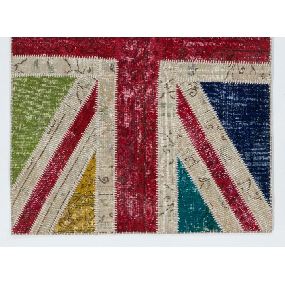 Union Jack British Flag Design Patchwork Rug Made from Re-Dyed Vintage Carpets