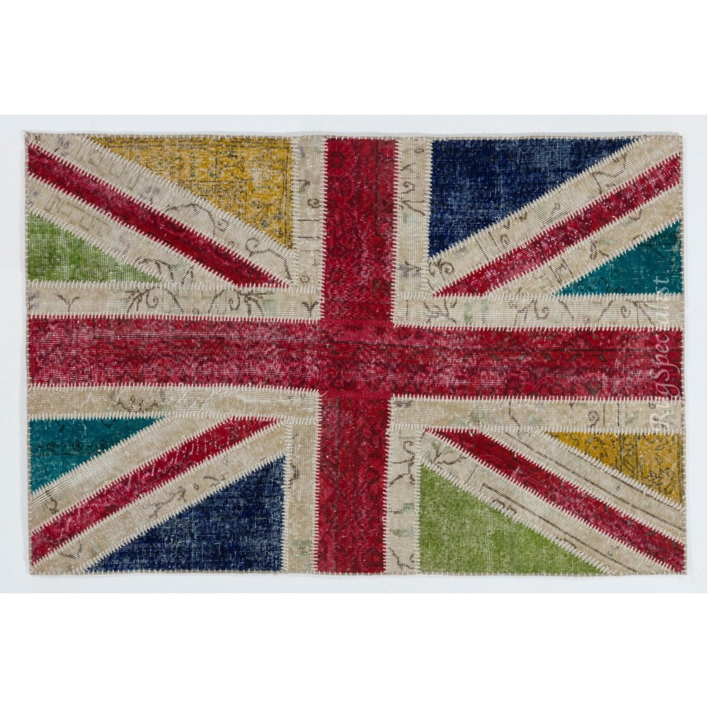 Union Jack British Flag Design Patchwork Rug Made from Re-Dyed Vintage Carpets