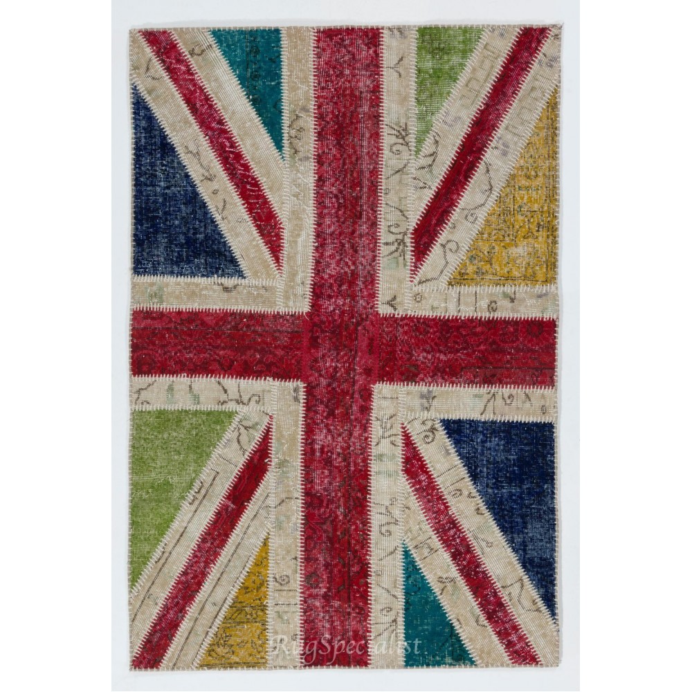 Union Jack British Flag Design Patchwork Rug Made from Re-Dyed Vintage Carpets