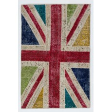 Union Jack British Flag Design Patchwork Rug Made from Re-Dyed Vintage Carpets