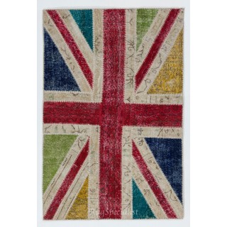 Union Jack British Flag Design Patchwork Rug Made from Re-Dyed Vintage Carpets