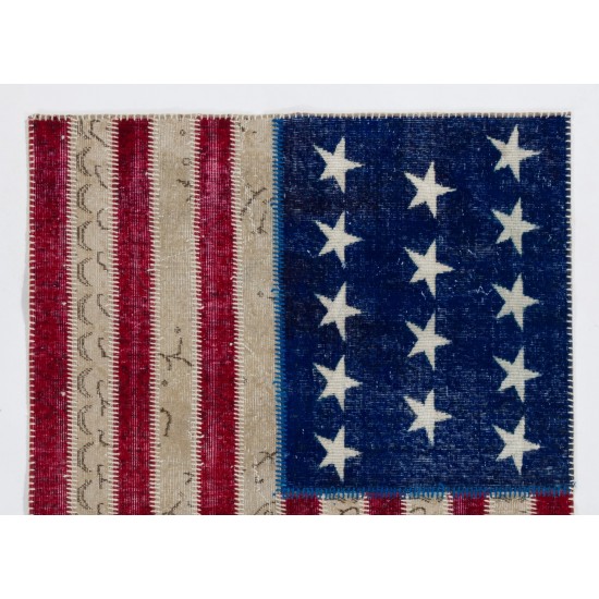 American Flag Design Patchwork Rug Made from ReDyed Vintage Carpets, Custom Options Av