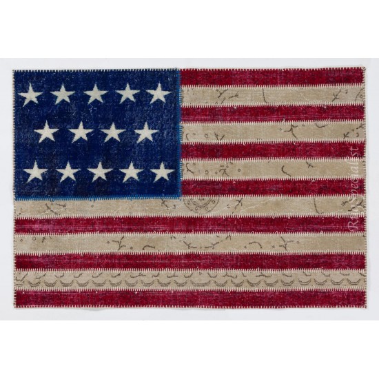 American Flag Design Patchwork Rug Made from ReDyed Vintage Carpets, Custom Options Av