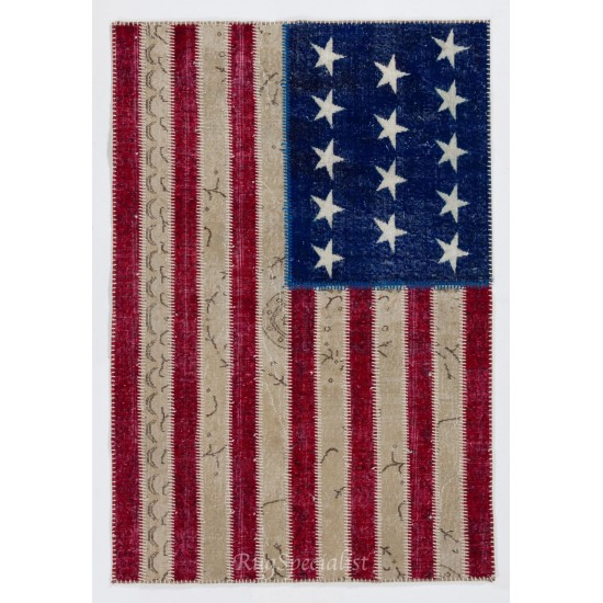 American Flag Design Patchwork Rug Made from ReDyed Vintage Carpets, Custom Options Av