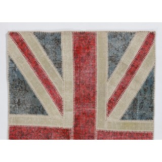 Union Jack British Flag Design Patchwork Rug Made from Re-Dyed Vintage Carpets Union Jack British Flag Design Patchwork Rug Made from Re-Dyed Vintage Carpets