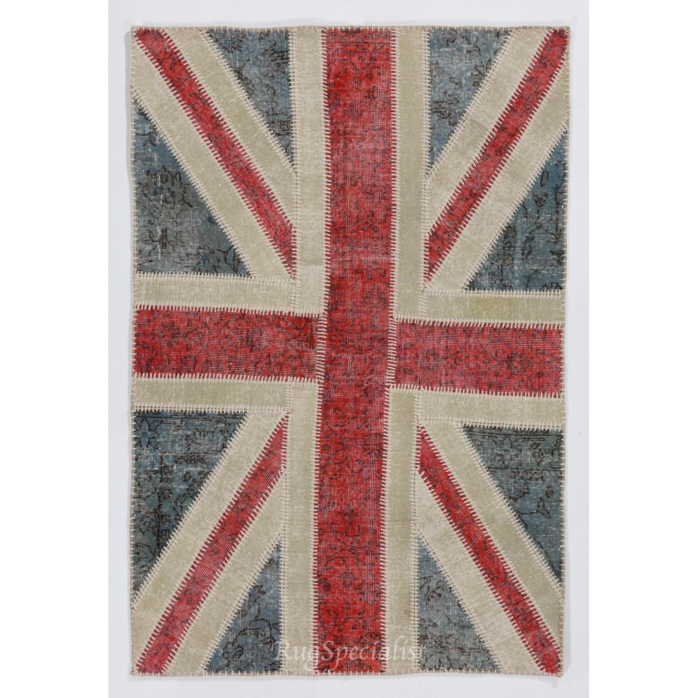 Union Jack British Flag Design Patchwork Rug Made from Re-Dyed Vintage Carpets