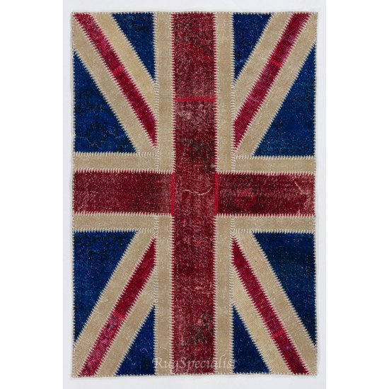 British Flag Union Jack Design Patchwork Rug Made from Re-Dyed Vintage Carpets British Flag Union Jack Design Patchwork Rug Made from Re-Dyed Vintage Carpets