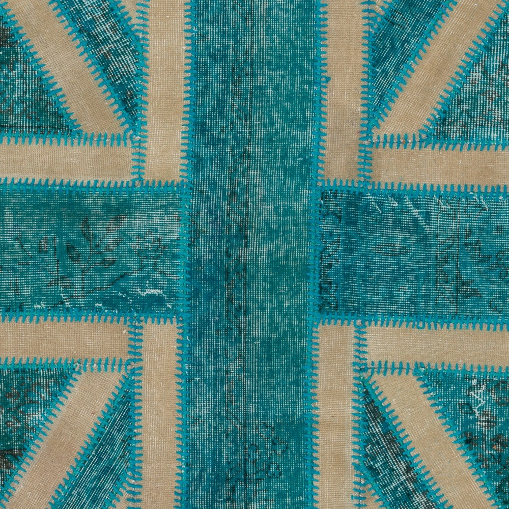 Modern Handmade Patchwork Rug with Union Jack British Flag Design | Hand-Knotted UK Flag Pattern Teal Blue Carpet Modern Handmade Patchwork Rug with Union Jack British Flag Design | Hand-Knotted UK Flag Pattern Teal Blue Carpet