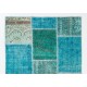 Hand-Made Patchwork Rug in Shades of Teal Blue. Contemporary Turkish Carpet, Woolen Floor Covering.