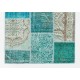 Hand-Made Patchwork Rug in Shades of Teal Blue. Contemporary Turkish Carpet, Woolen Floor Covering.