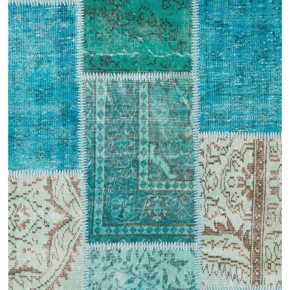 Hand-Made Patchwork Rug in Shades of Teal Blue. Contemporary Turkish Carpet, Woolen Floor Covering.
