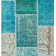 Hand-Made Patchwork Rug in Shades of Teal Blue. Contemporary Turkish Carpet, Woolen Floor Covering.