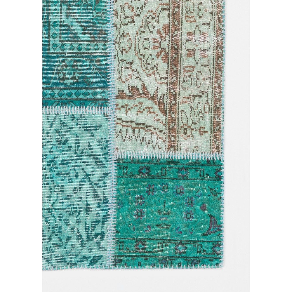Hand-Made Patchwork Rug in Shades of Teal Blue. Contemporary Turkish Carpet, Woolen Floor Covering.