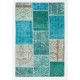 Hand-Made Patchwork Rug in Shades of Teal Blue. Contemporary Turkish Carpet, Woolen Floor Covering.