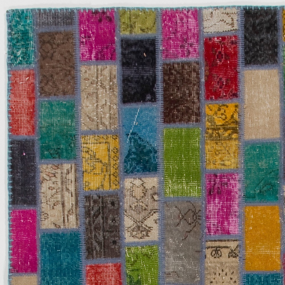 Colorful Brick Pattern Patchwork Rug | Bohemian Style Hand-Knotted Turkish Overdyed Carpet Colorful Brick Pattern Patchwork Rug | Bohemian Style Hand-Knotted Turkish Overdyed Carpet