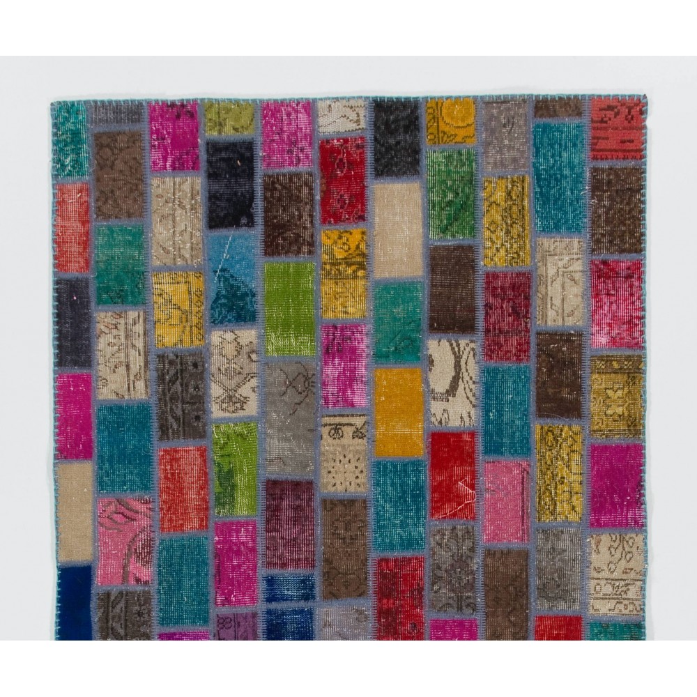 Modern Handmade Turkish Patchwork Rug. Bohemian Style Carpet in Vivid Colors