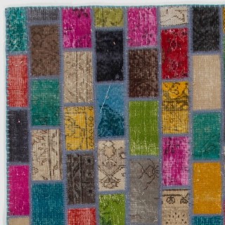 Colorful Brick Pattern Patchwork Rug | Bohemian Style Hand-Knotted Turkish Overdyed Carpet Colorful Brick Pattern Patchwork Rug | Bohemian Style Hand-Knotted Turkish Overdyed Carpet