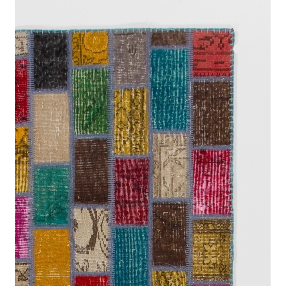 Colorful Brick Pattern Patchwork Rug | Bohemian Style Hand-Knotted Turkish Overdyed Carpet Colorful Brick Pattern Patchwork Rug | Bohemian Style Hand-Knotted Turkish Overdyed Carpet