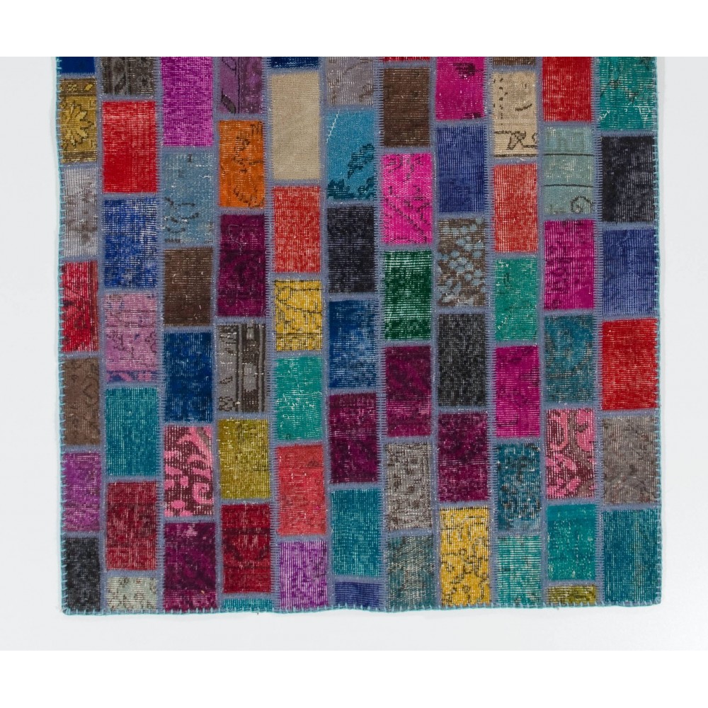 Modern Handmade Turkish Patchwork Rug. Bohemian Style Carpet in Vivid Colors
