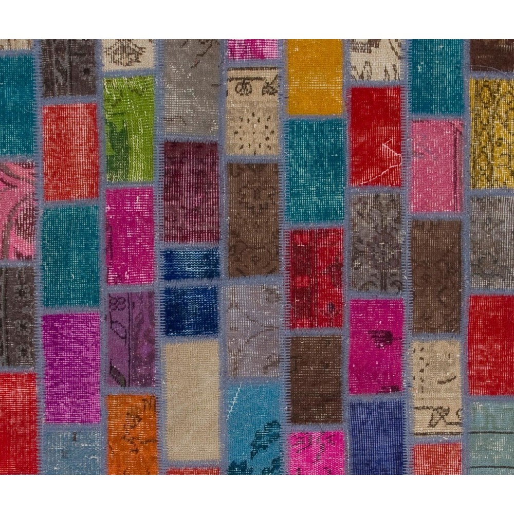Modern Handmade Turkish Patchwork Rug. Bohemian Style Carpet in Vivid Colors