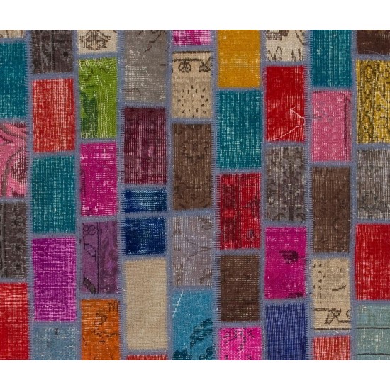 Handmade Turkish Bohemian Patchwork Rug for Modern Interiors. Vintage Wool Carpet in Vivid Colors