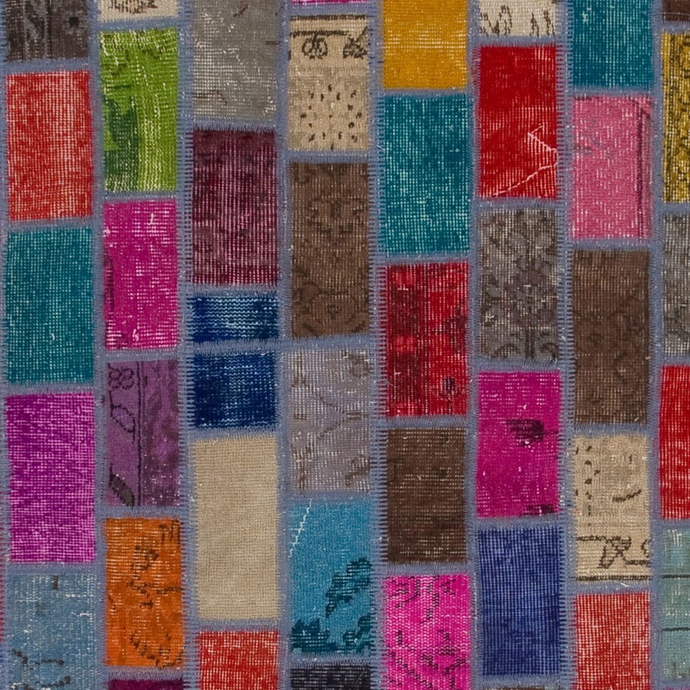 Colorful Brick Pattern Patchwork Rug | Bohemian Style Hand-Knotted Turkish Overdyed Carpet Colorful Brick Pattern Patchwork Rug | Bohemian Style Hand-Knotted Turkish Overdyed Carpet