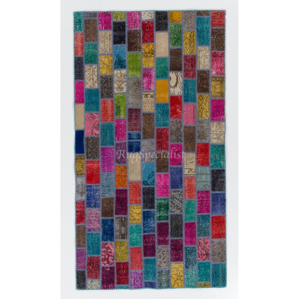 Modern Handmade Turkish Patchwork Rug. Bohemian Style Carpet in Vivid Colors