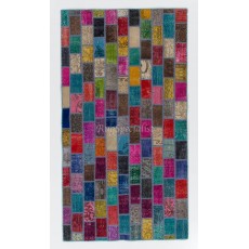 Modern Handmade Turkish Patchwork Rug. Bohemian Style Carpet in Vivid Colors