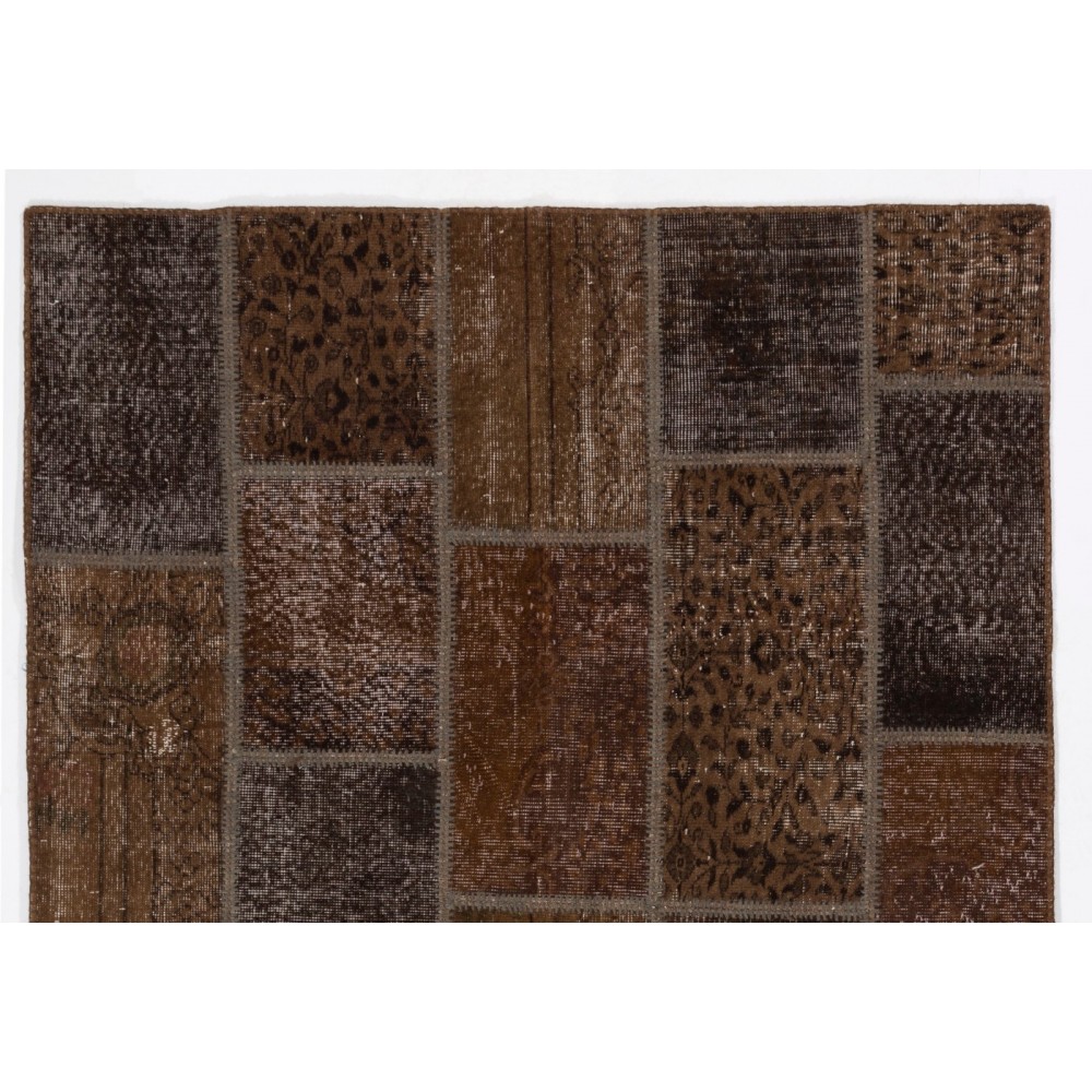 Brown Handmade Patchwork Rug, Home Decor Turkish Wool Carpet for Modern Interiors