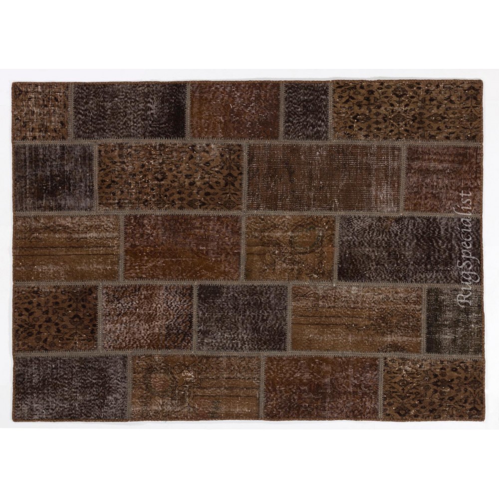 Brown Handmade Patchwork Rug, Home Decor Turkish Wool Carpet for Modern Interiors