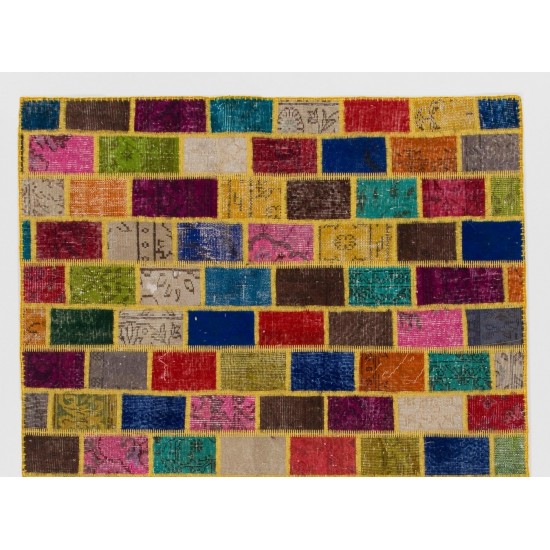 Cheerful Handmade Patchwork Rug Made from Over-Dyed Vintage Carpets Cheerful Handmade Patchwork Rug Made from Over-Dyed Vintage Carpets