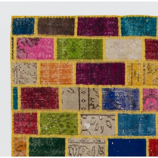 Cheerful Handmade Patchwork Rug Made from Over-Dyed Vintage Carpets Cheerful Handmade Patchwork Rug Made from Over-Dyed Vintage Carpets