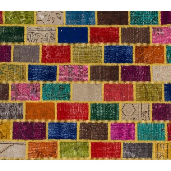 Cheerful Handmade Patchwork Rug Made from Over-Dyed Vintage Carpets Cheerful Handmade Patchwork Rug Made from Over-Dyed Vintage Carpets