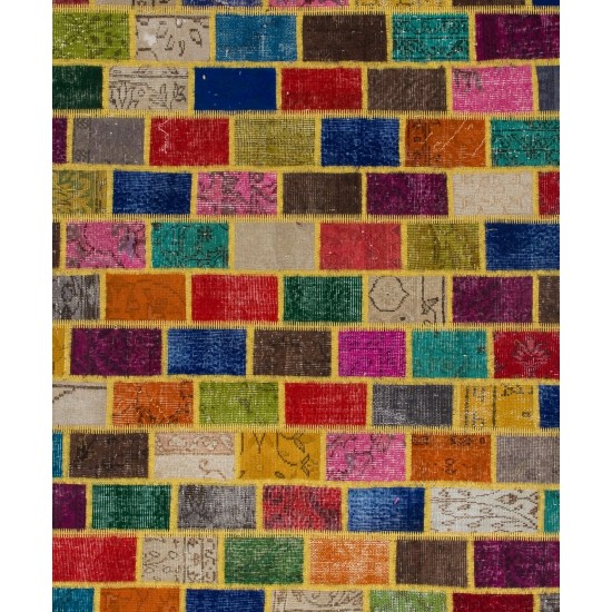Cheerful Handmade Patchwork Rug Made from Over-Dyed Vintage Carpets Cheerful Handmade Patchwork Rug Made from Over-Dyed Vintage Carpets