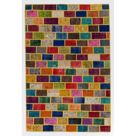 Cheerful Handmade Patchwork Rug Made from Over-Dyed Vintage Carpets Cheerful Handmade Patchwork Rug Made from Over-Dyed Vintage Carpets