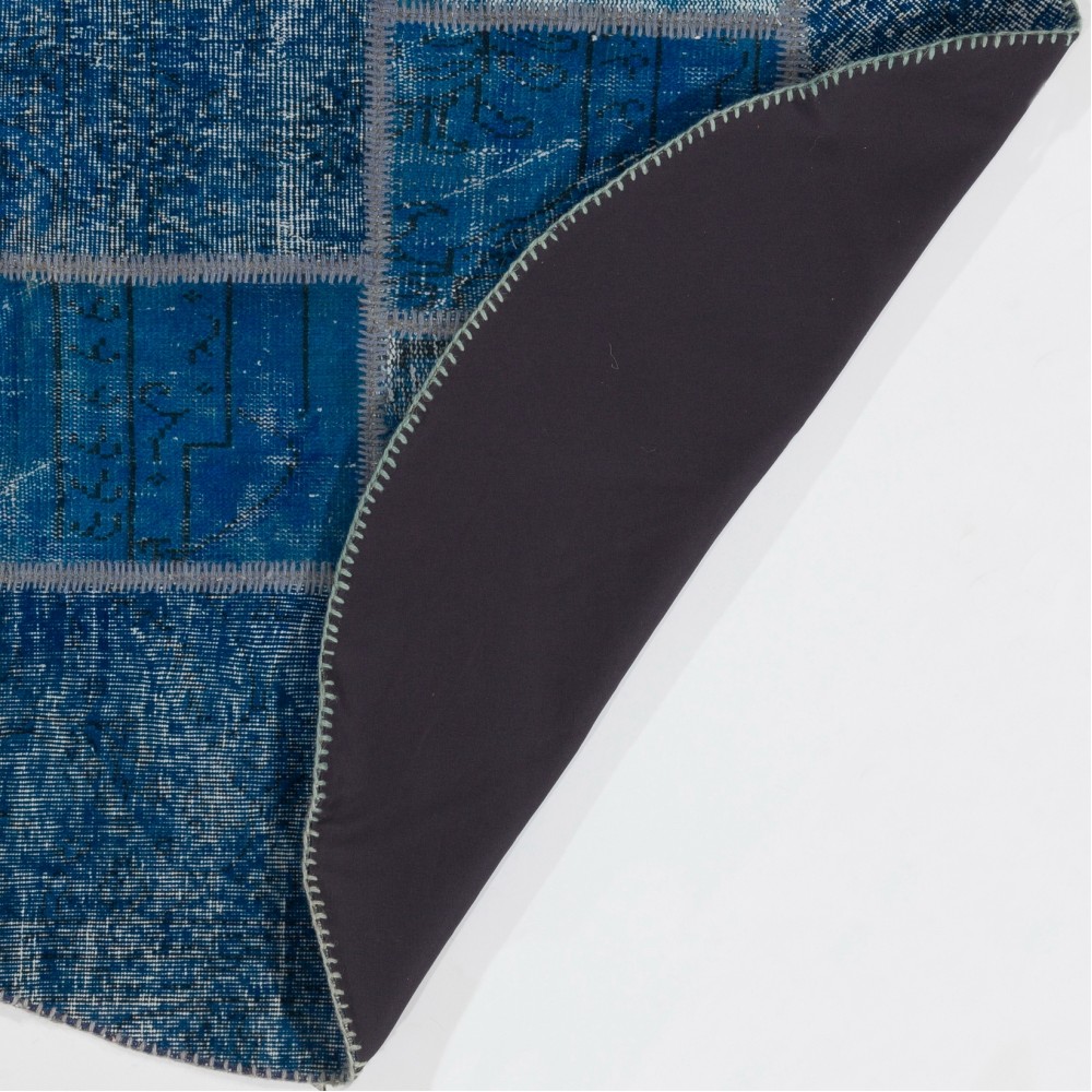 Round Hand-Knotted Blue Turkish Patchwork Rug | Circular Vintage Overdyed Patchwork Carpet Round Hand-Knotted Blue Turkish Patchwork Rug | Circular Vintage Overdyed Patchwork Carpet