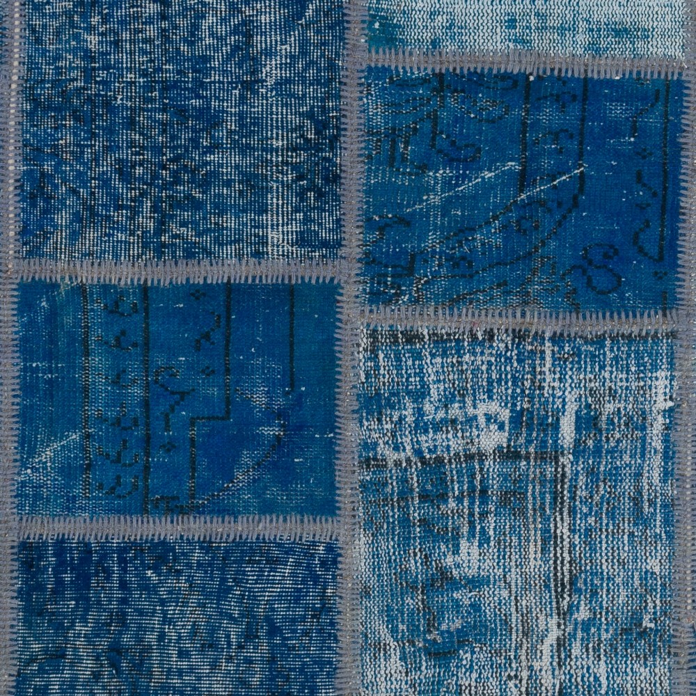 Round Hand-Knotted Blue Turkish Patchwork Rug | Circular Vintage Overdyed Patchwork Carpet Round Hand-Knotted Blue Turkish Patchwork Rug | Circular Vintage Overdyed Patchwork Carpet
