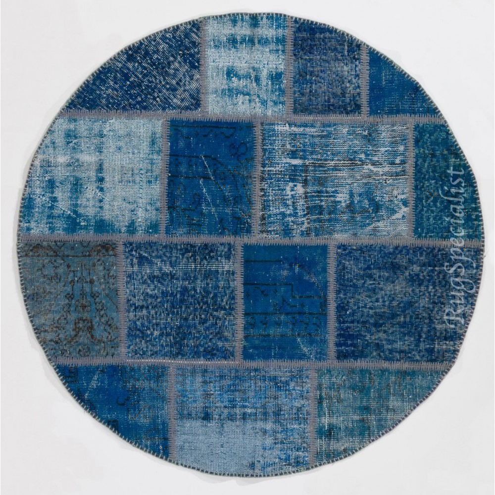 Round Handmade Turkish Patchwork Rug, Circular Vintage Re-Dyed Patchwork Carpet
