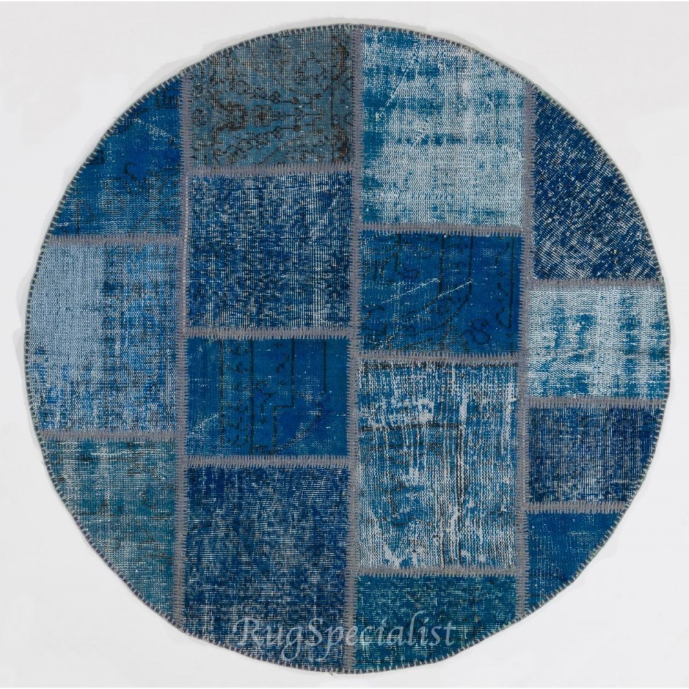 Round Handmade Turkish Patchwork Rug, Circular Vintage Re-Dyed Patchwork Carpet