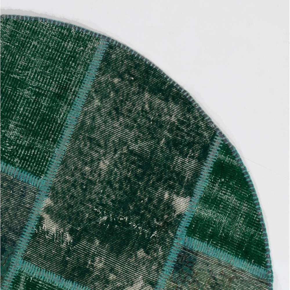 Round Hand-Knotted Green Turkish Patchwork Rug | Circular Vintage Overdyed Patchwork Carpet Round Hand-Knotted Green Turkish Patchwork Rug | Circular Vintage Overdyed Patchwork Carpet